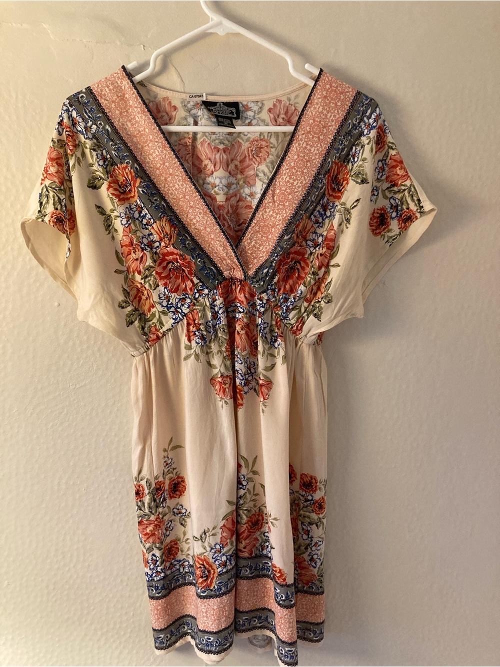 Angie Cream Floral Boho V-Neck Tunic with Coral and Blue Accents